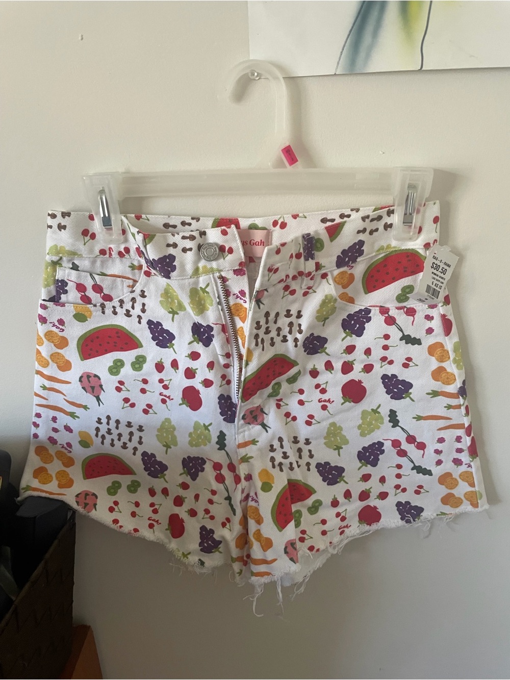 Lisa Says Gah White Fruit-Print Denim Shorts